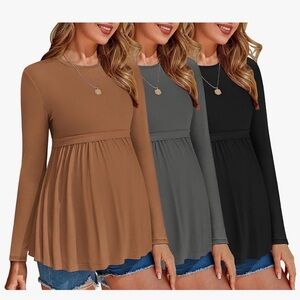 3 Pack: Women's Maternity Long Sleeve Top - Tan, Gray, Black